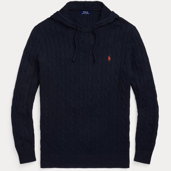 Ralph Lauren POLO Cable-Knit Cotton Hooded Sweater Navy Blue Hoodie L - Picture 8 of 8